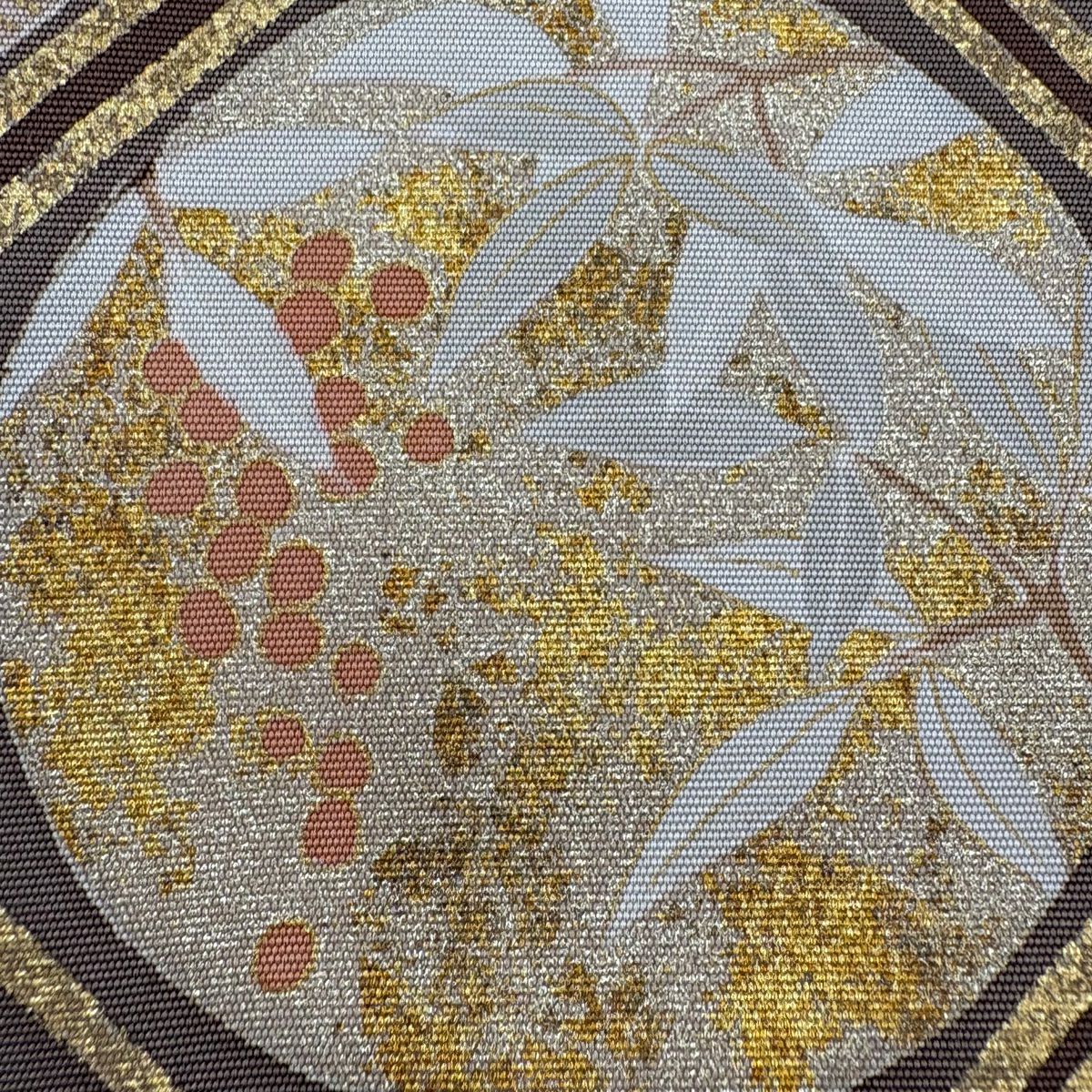 袋帶 秀品級 蜀江文 草花紋紋 金絲 金金箔 小豆 深紅色 大鼓圖案 純蠶絲