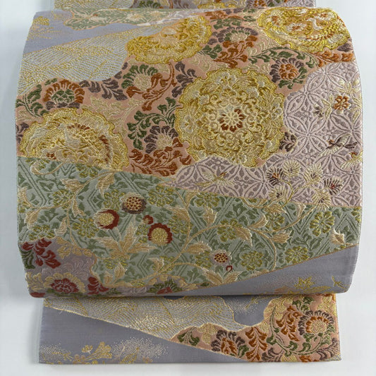 袋帶 秀品級 華紋 鳥 金絲 金金箔 淺紫 六通 純蠶絲
