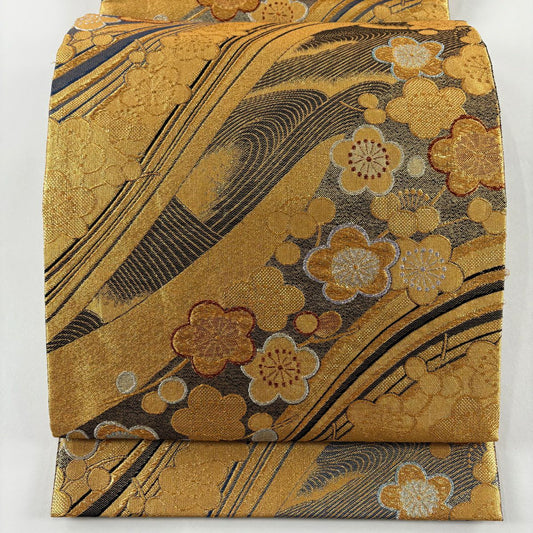 袋帶 秀品級 振袖禮服禮服用 梅花 波 金銀線 金金箔 金色 六通 純蠶絲