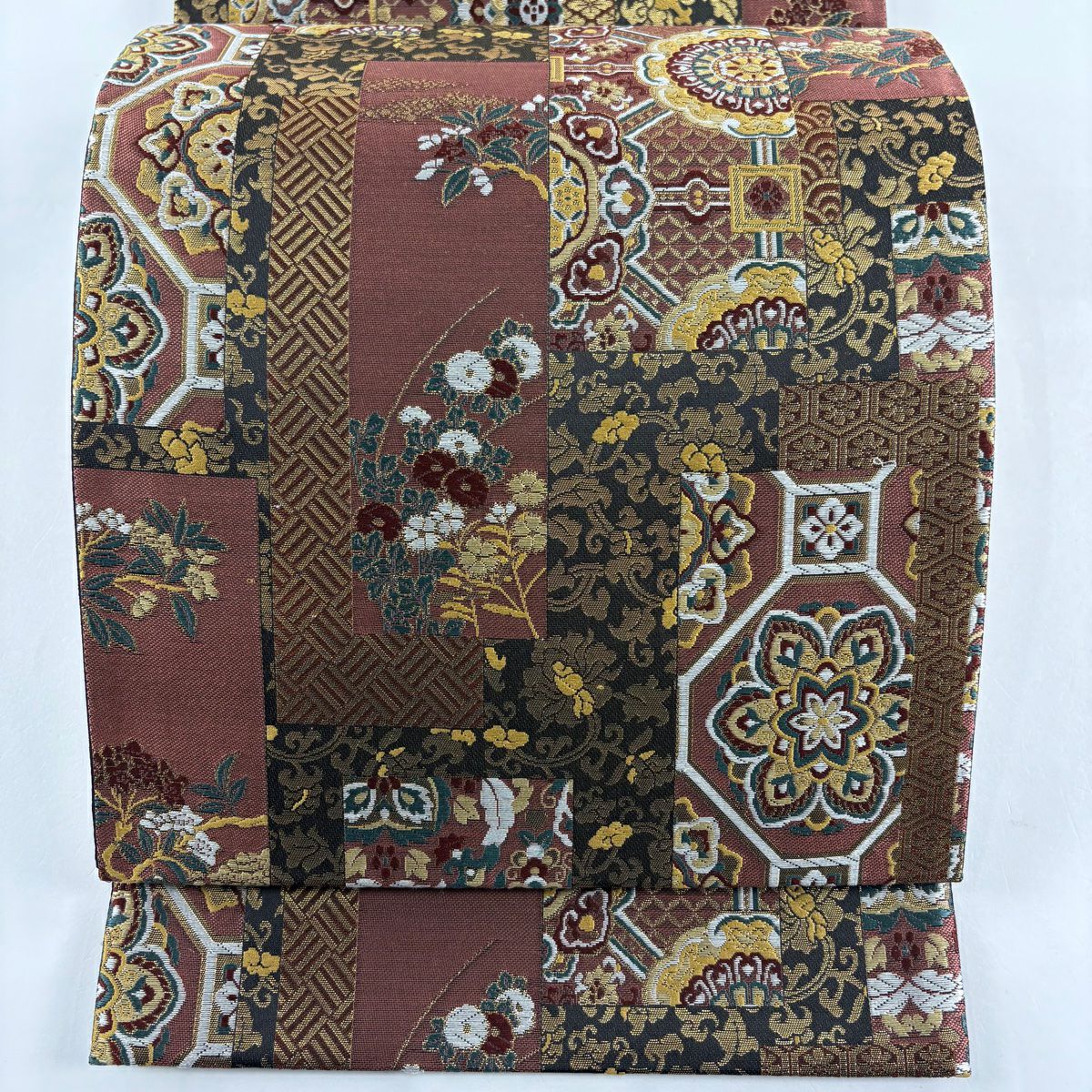 【美品】 袋帶 秀品級 華紋 蜀江文 金金箔 唐織 紅紫 六通 純蠶絲