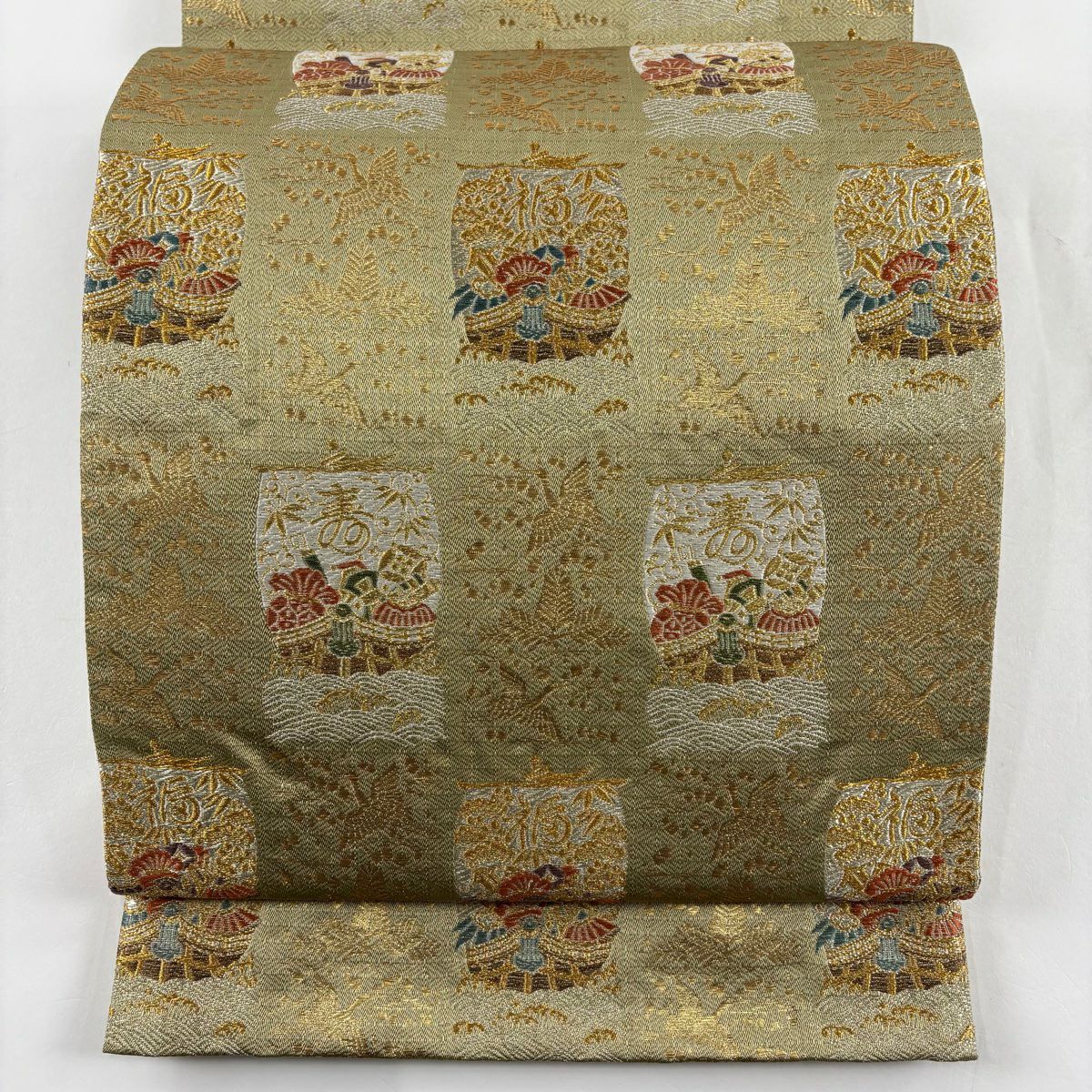 【美品】 袋帶 秀品級 寶船 仙鶴 金金箔 唐織 抹茶 六通 純蠶絲