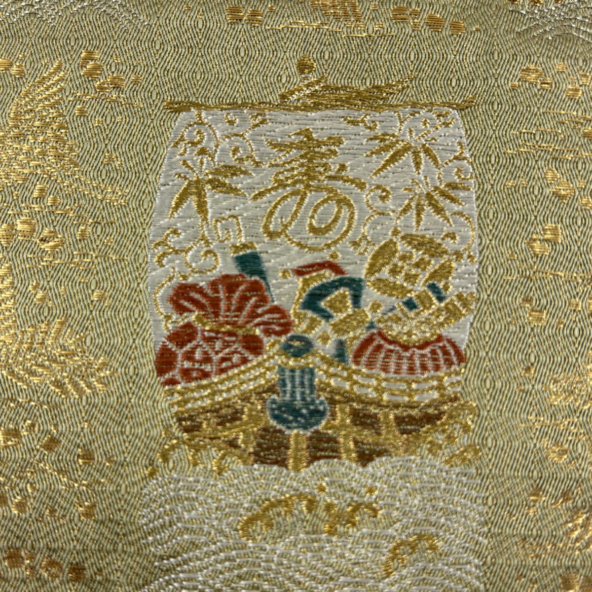【美品】 袋帶 秀品級 寶船 仙鶴 金金箔 唐織 抹茶 六通 純蠶絲