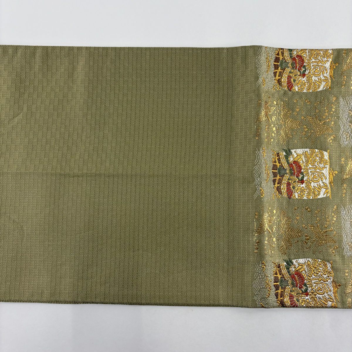 【美品】 袋帶 秀品級 寶船 仙鶴 金金箔 唐織 抹茶 六通 純蠶絲