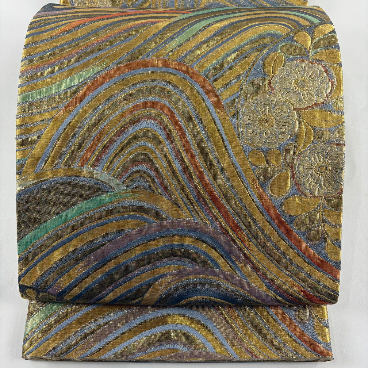 【美品】 袋帶 秀品級 波 草花紋 金金箔 青灰 純蠶絲