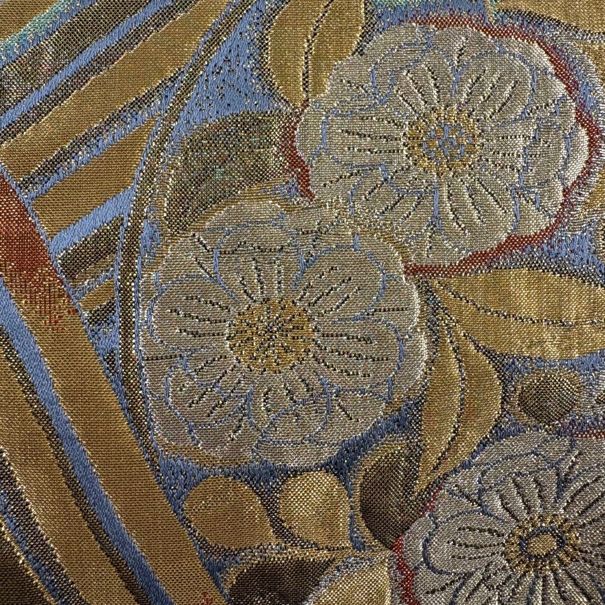 【美品】 袋帶 秀品級 波 草花紋 金金箔 青灰 純蠶絲