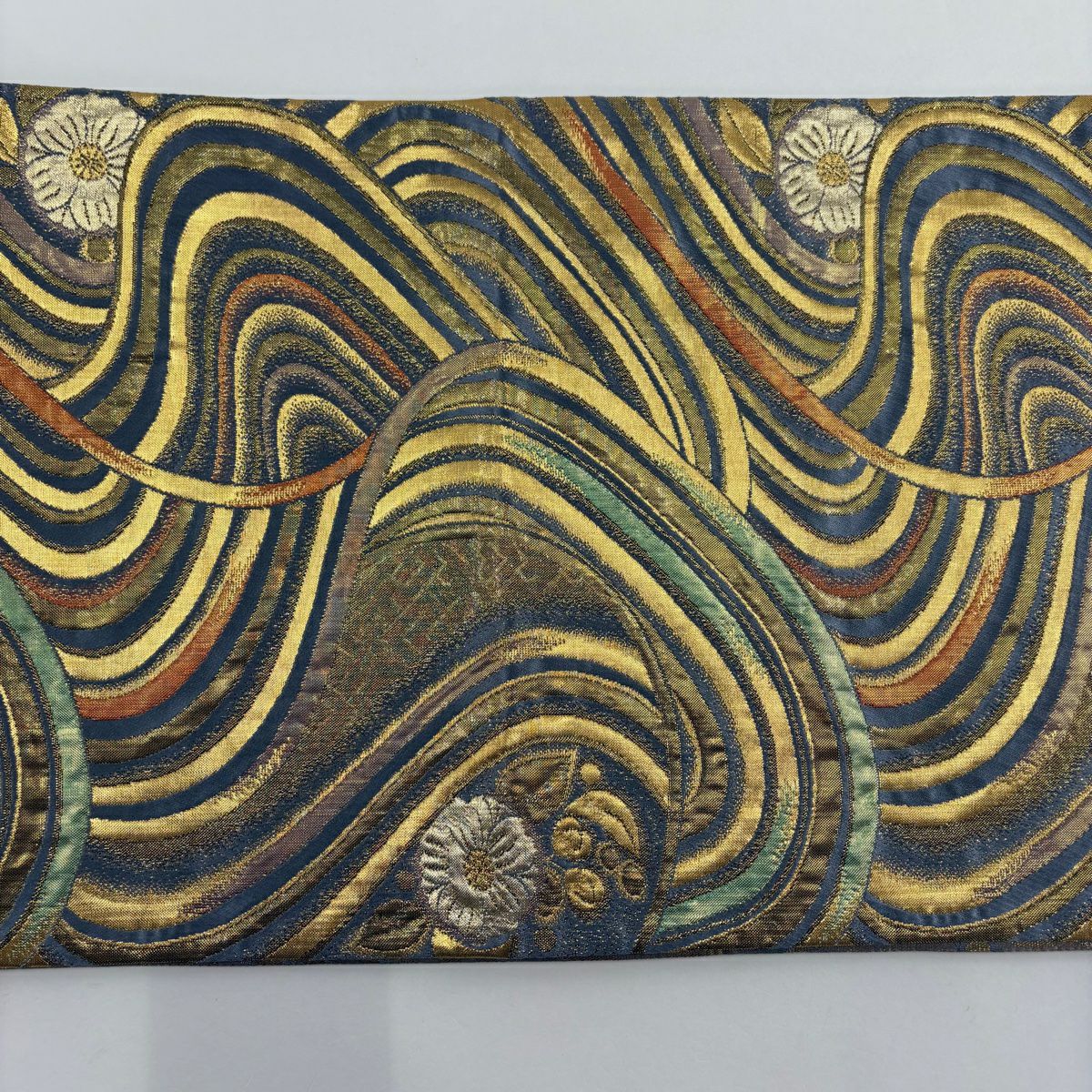 【美品】 袋帶 秀品級 波 草花紋 金金箔 青灰 純蠶絲