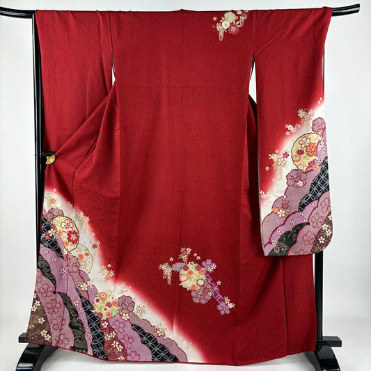 【美品】振袖禮服 身長166cm 袖長68cm L 雙層 櫻花 雪輪 金通 金銀彩 紅 純蠶絲 逸品級