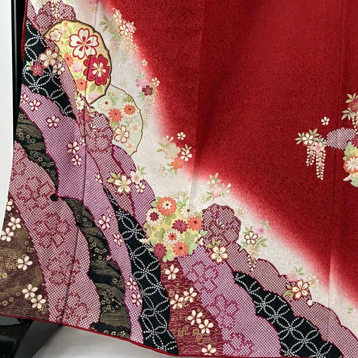 【美品】振袖禮服 身長166cm 袖長68cm L 雙層 櫻花 雪輪 金通 金銀彩 紅 純蠶絲 逸品級
