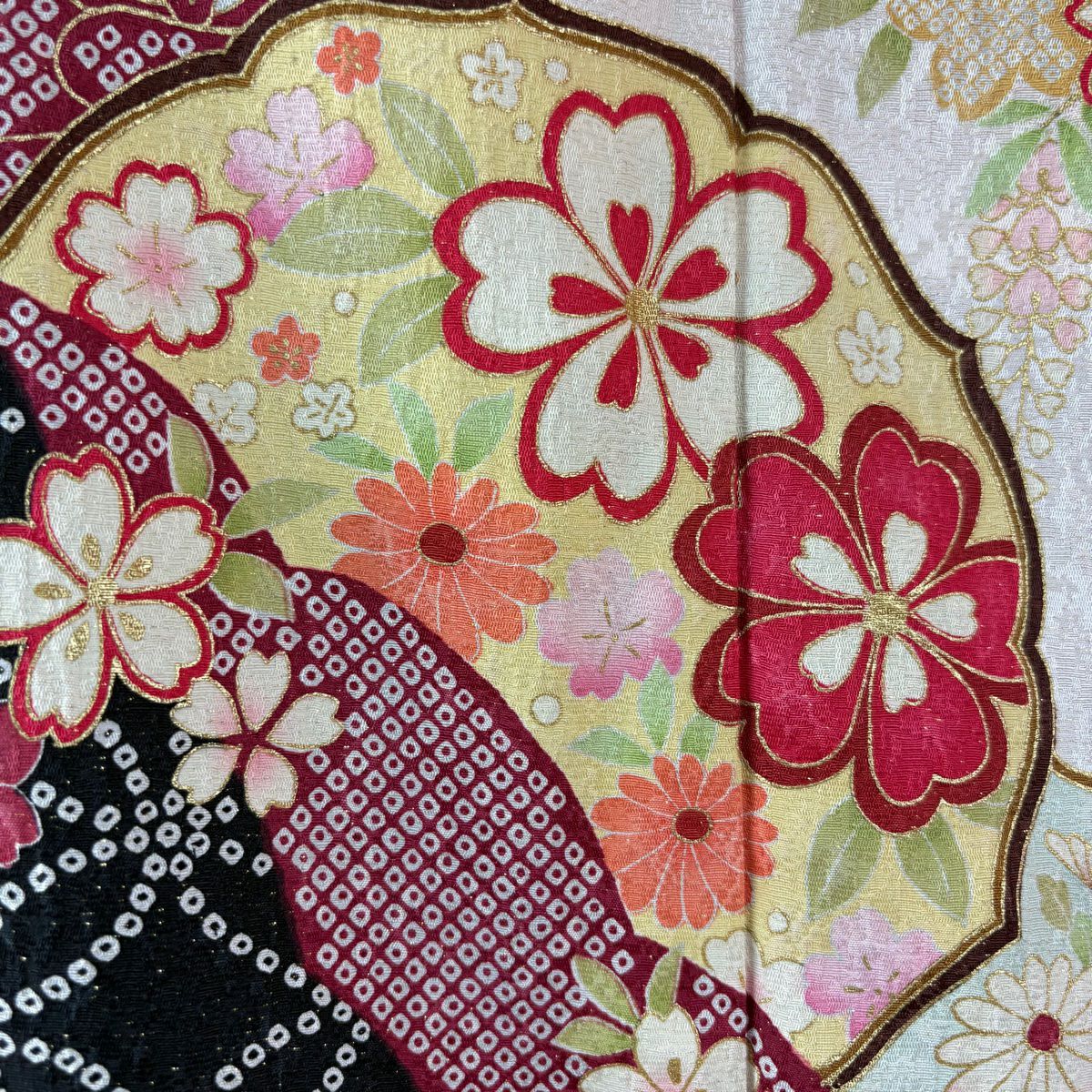 【美品】振袖禮服 身長166cm 袖長68cm L 雙層 櫻花 雪輪 金通 金銀彩 紅 純蠶絲 逸品級