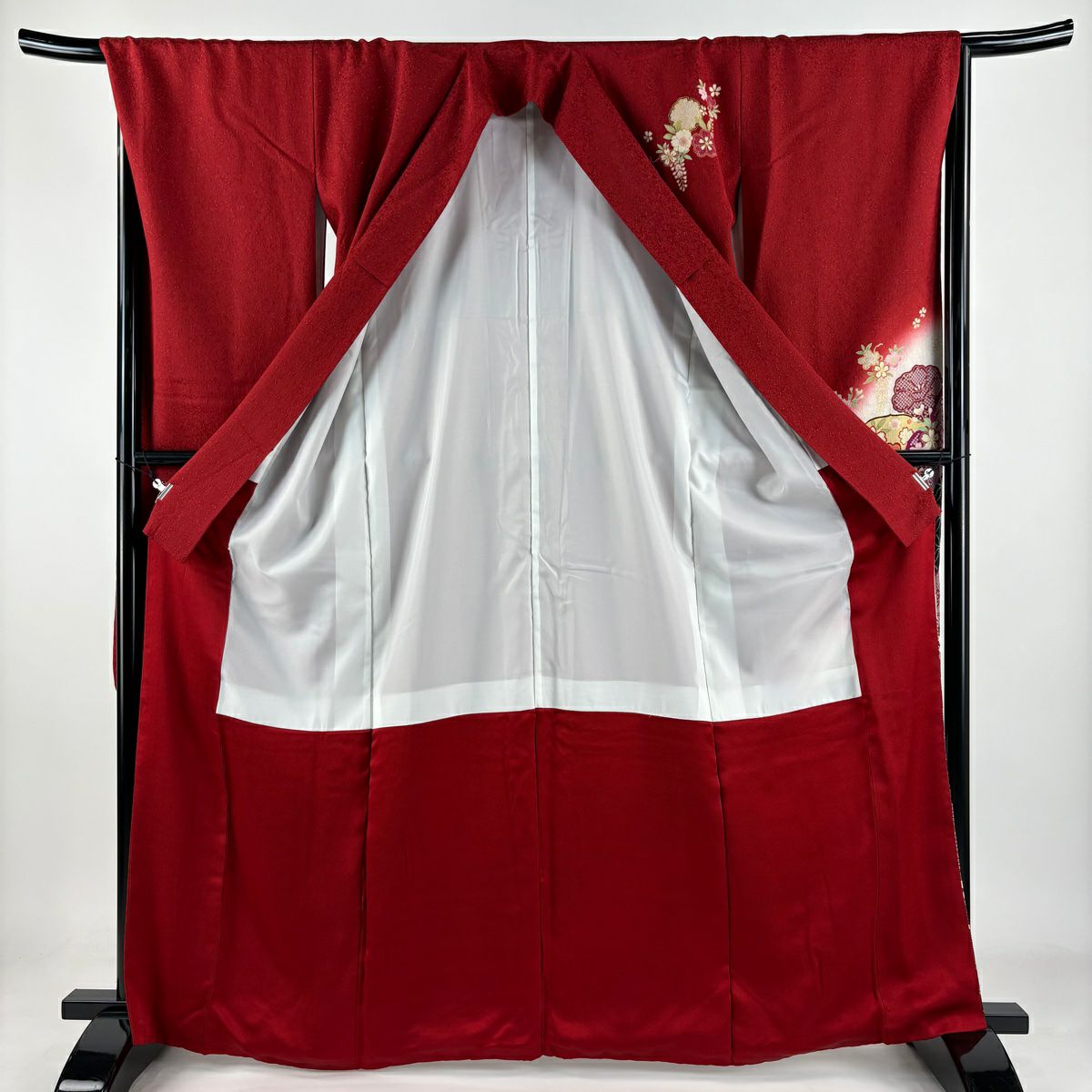 【美品】振袖禮服 身長166cm 袖長68cm L 雙層 櫻花 雪輪 金通 金銀彩 紅 純蠶絲 逸品級