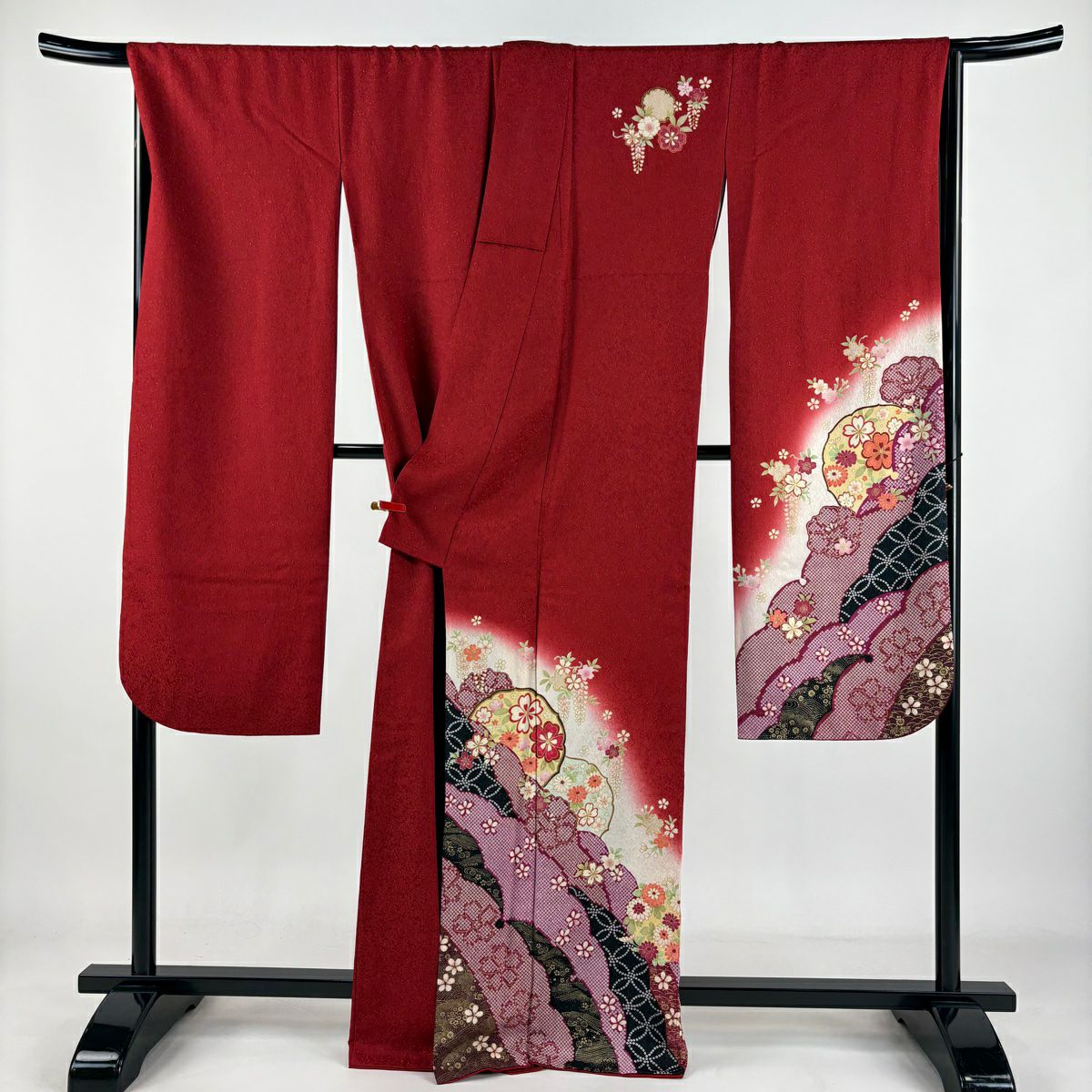 【美品】振袖禮服 身長166cm 袖長68cm L 雙層 櫻花 雪輪 金通 金銀彩 紅 純蠶絲 逸品級