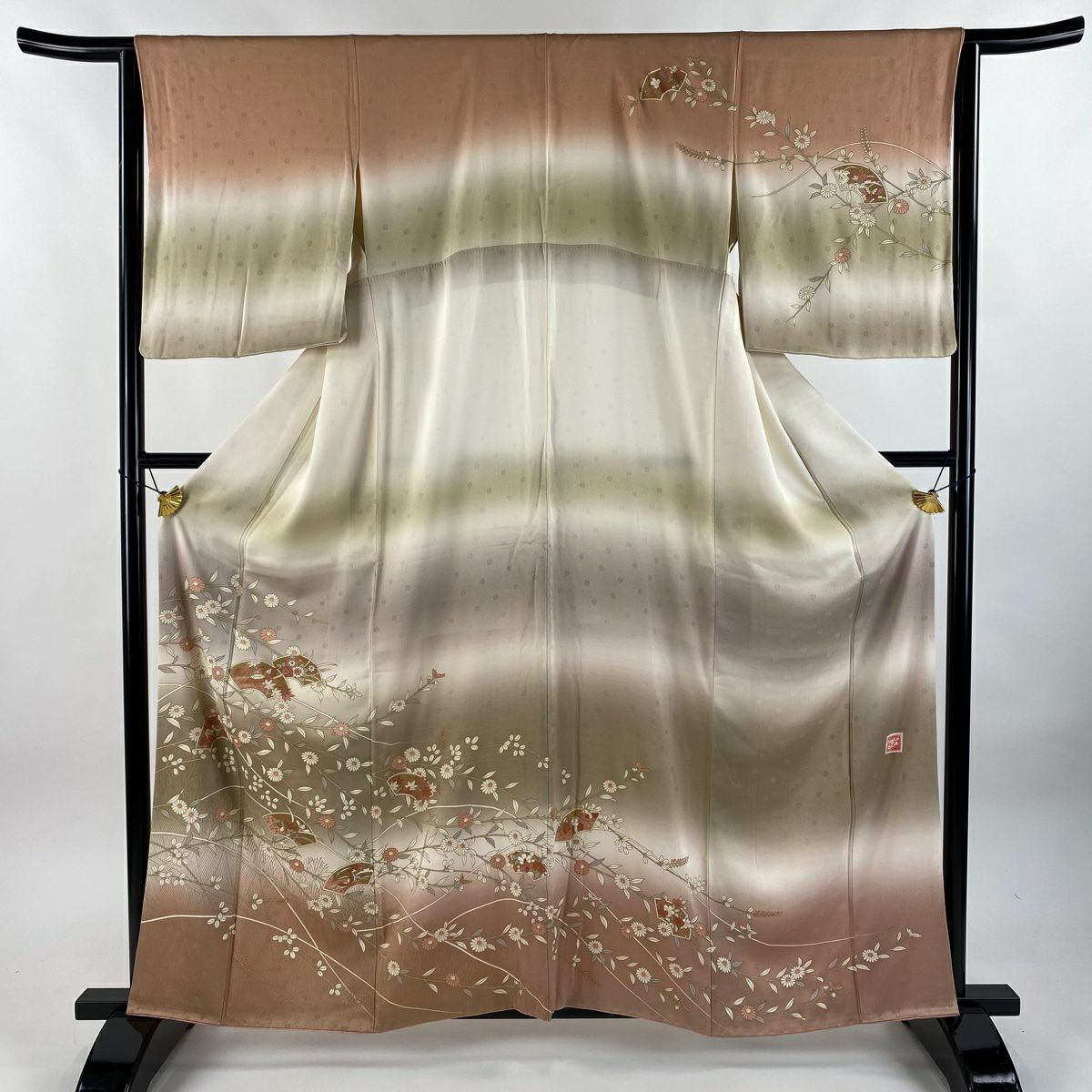 訪問服 身長161.5cm 袖長63.5cm S 雙層 扇子面 草花紋紋 金銀彩 漸層 粉紅 純蠶絲 優品級