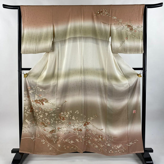 訪問服 身長161.5cm 袖長63.5cm S 雙層 扇子面 草花紋紋 金銀彩 漸層 粉紅 純蠶絲 優品級