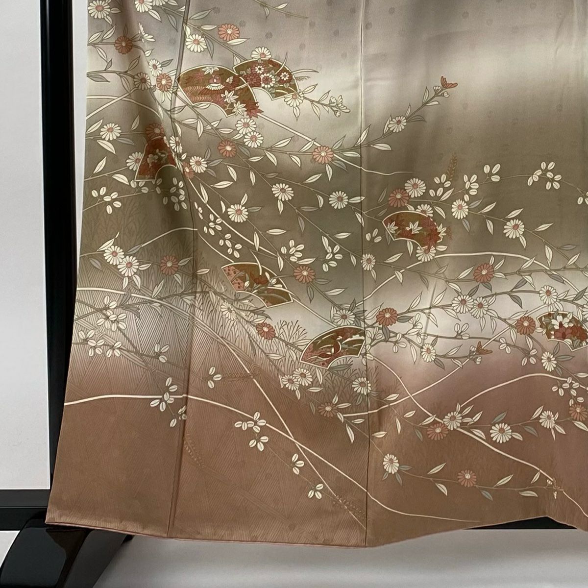 訪問服 身長161.5cm 袖長63.5cm S 雙層 扇子面 草花紋紋 金銀彩 漸層 粉紅 純蠶絲 優品級