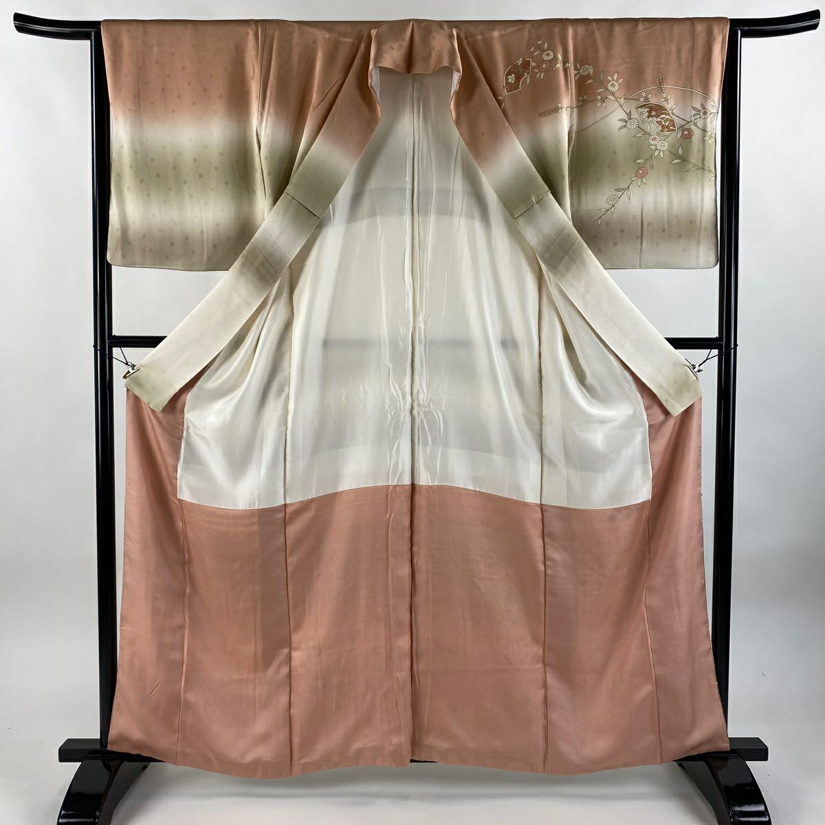 訪問服 身長161.5cm 袖長63.5cm S 雙層 扇子面 草花紋紋 金銀彩 漸層 粉紅 純蠶絲 優品級