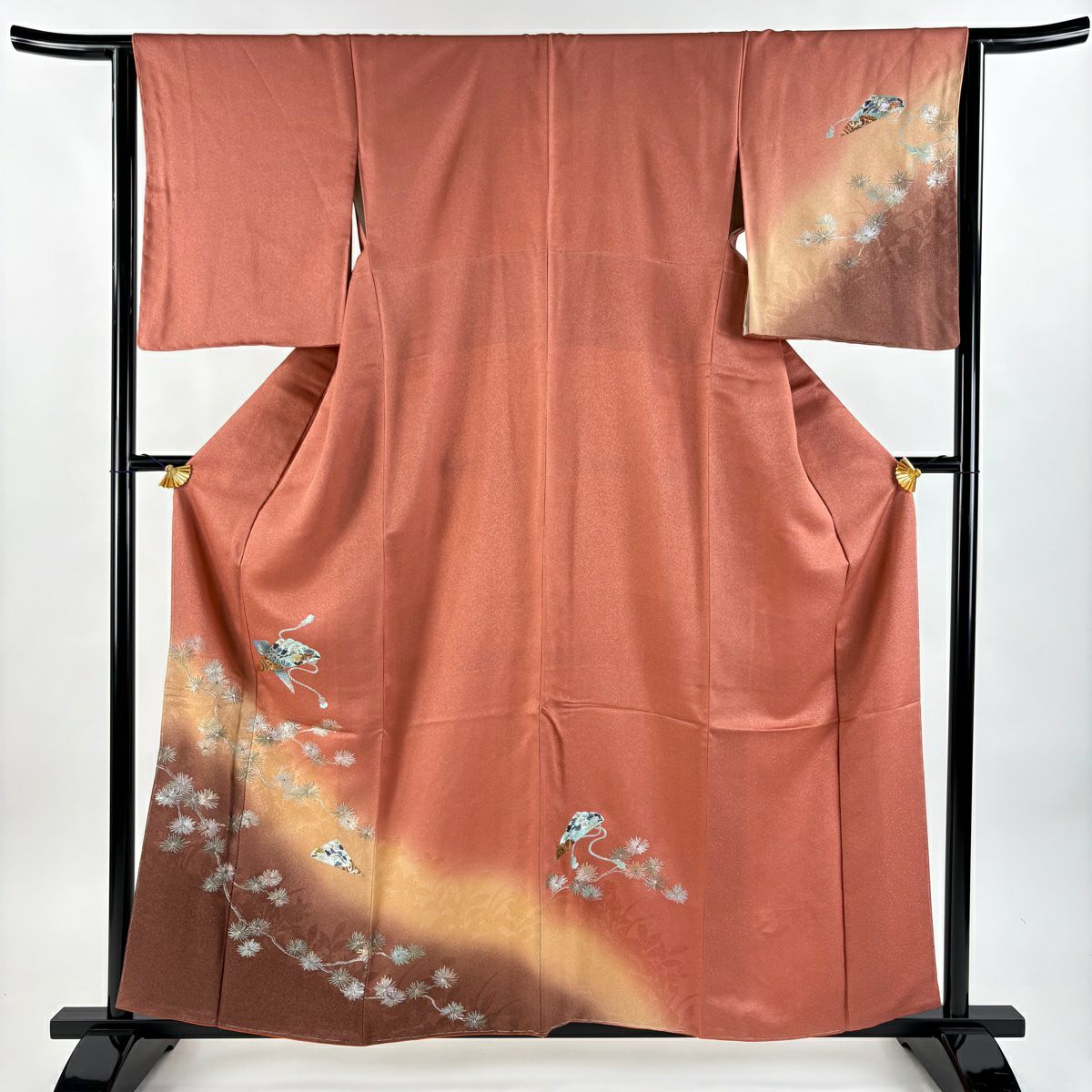 【美品】 付下 身長159.5cm 袖長64cm M 雙層 檜扇子 若松樹 螺鈿 金銀彩 鮭粉色 純蠶絲 秀品級