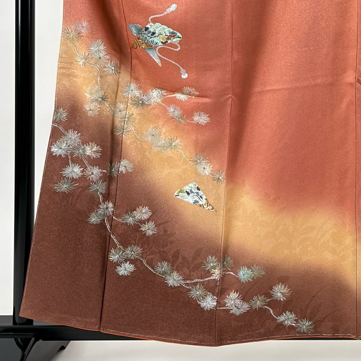 【美品】 付下 身長159.5cm 袖長64cm M 雙層 檜扇子 若松樹 螺鈿 金銀彩 鮭粉色 純蠶絲 秀品級