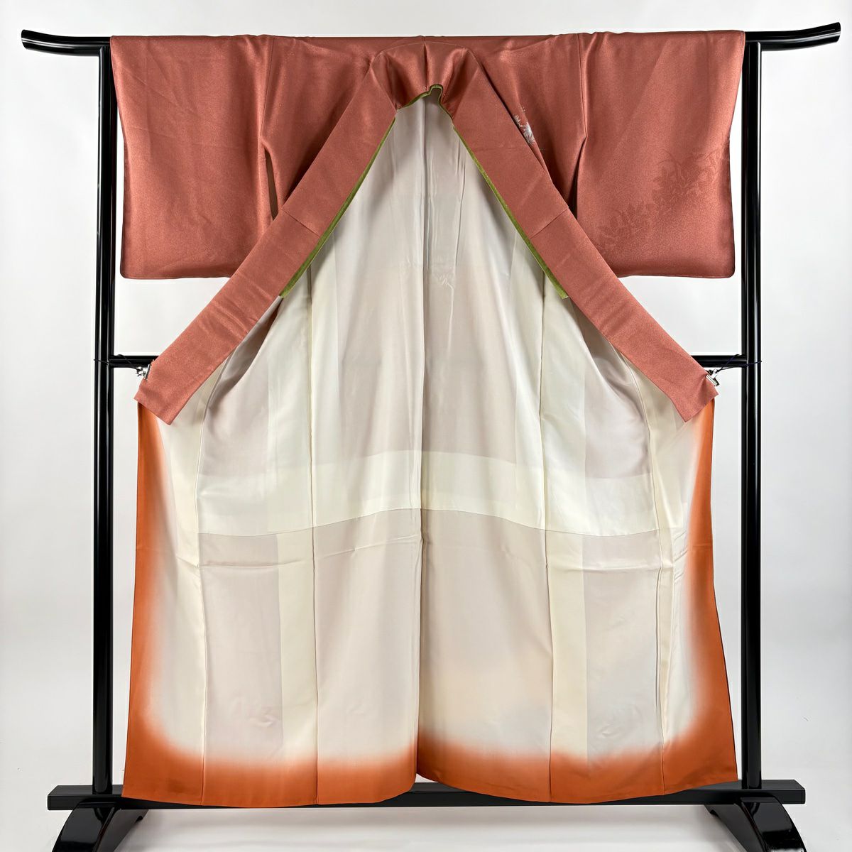 【美品】 付下 身長159.5cm 袖長64cm M 雙層 檜扇子 若松樹 螺鈿 金銀彩 鮭粉色 純蠶絲 秀品級