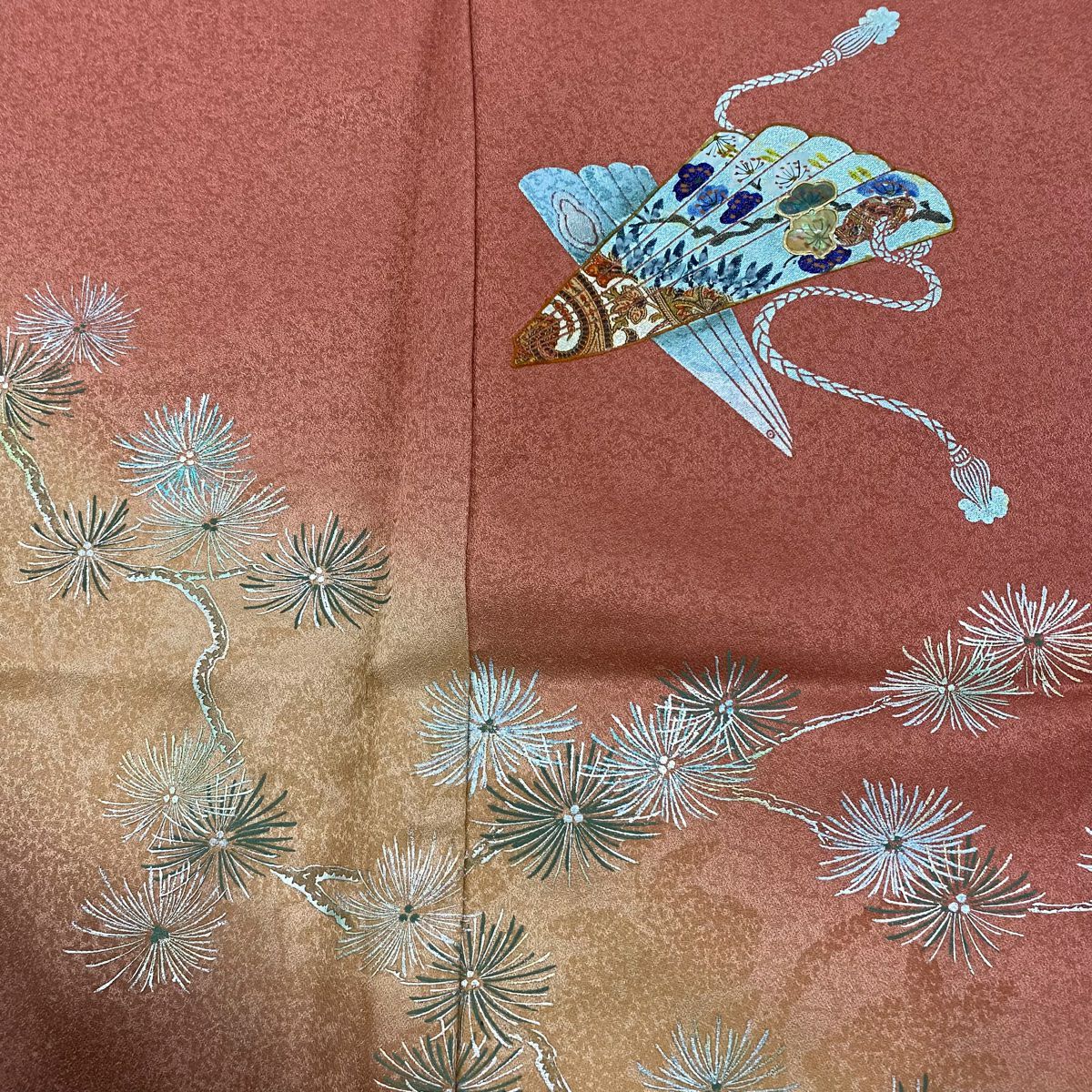 【美品】 付下 身長159.5cm 袖長64cm M 雙層 檜扇子 若松樹 螺鈿 金銀彩 鮭粉色 純蠶絲 秀品級