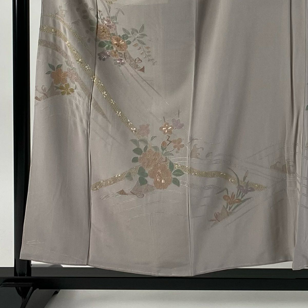 訪問服 身長156cm 袖長62.5cm S 雙層 花熨斗紋 波 刺繡 灰紫 純蠶絲 秀品級