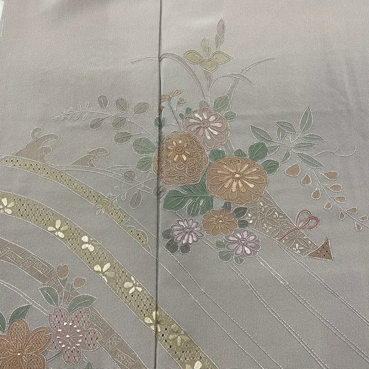 訪問服 身長156cm 袖長62.5cm S 雙層 花熨斗紋 波 刺繡 灰紫 純蠶絲 秀品級
