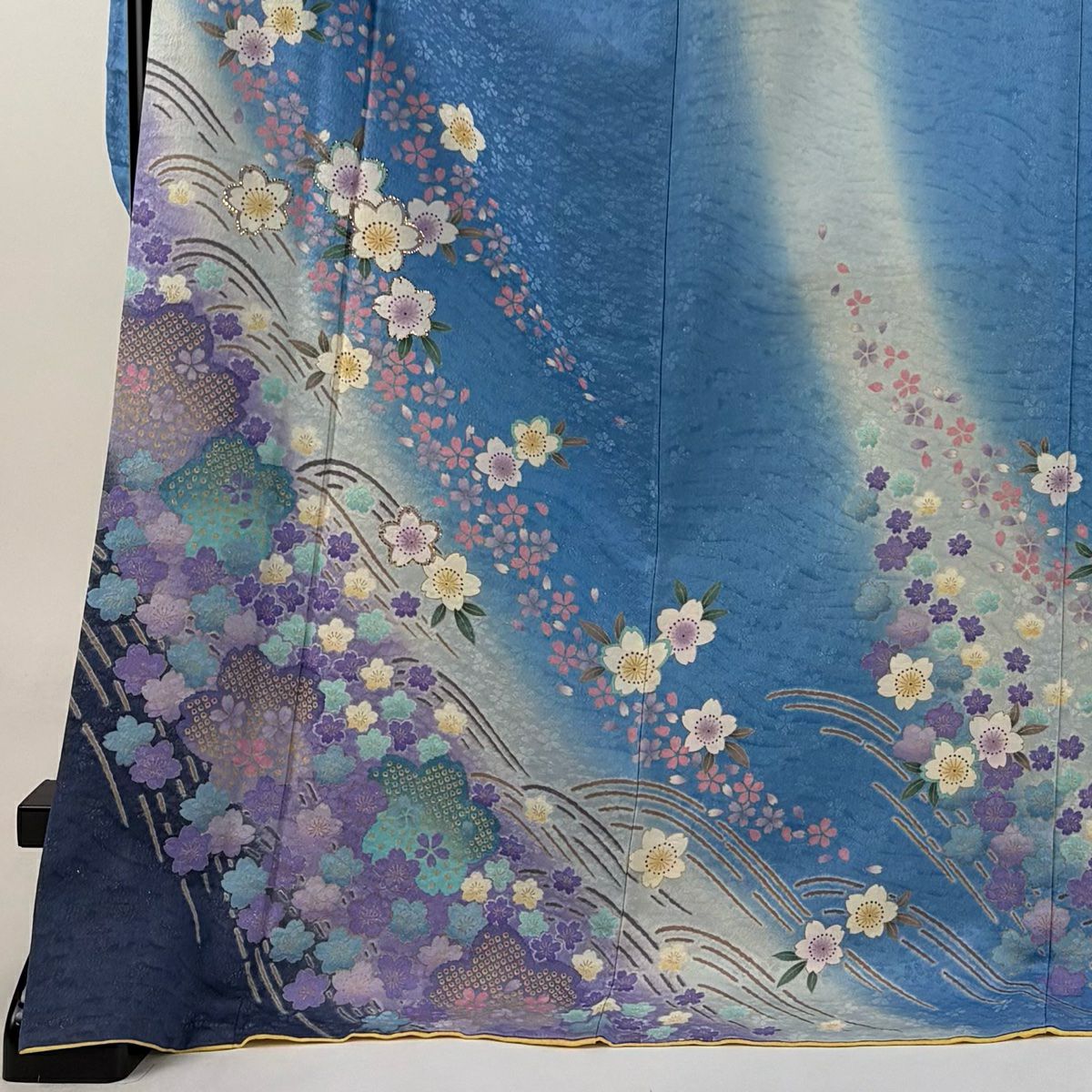 【美品】振袖禮服 身長175cm 袖長70.5cm L 雙層櫻花波金銀彩金金箔水色純蠶絲逸品級