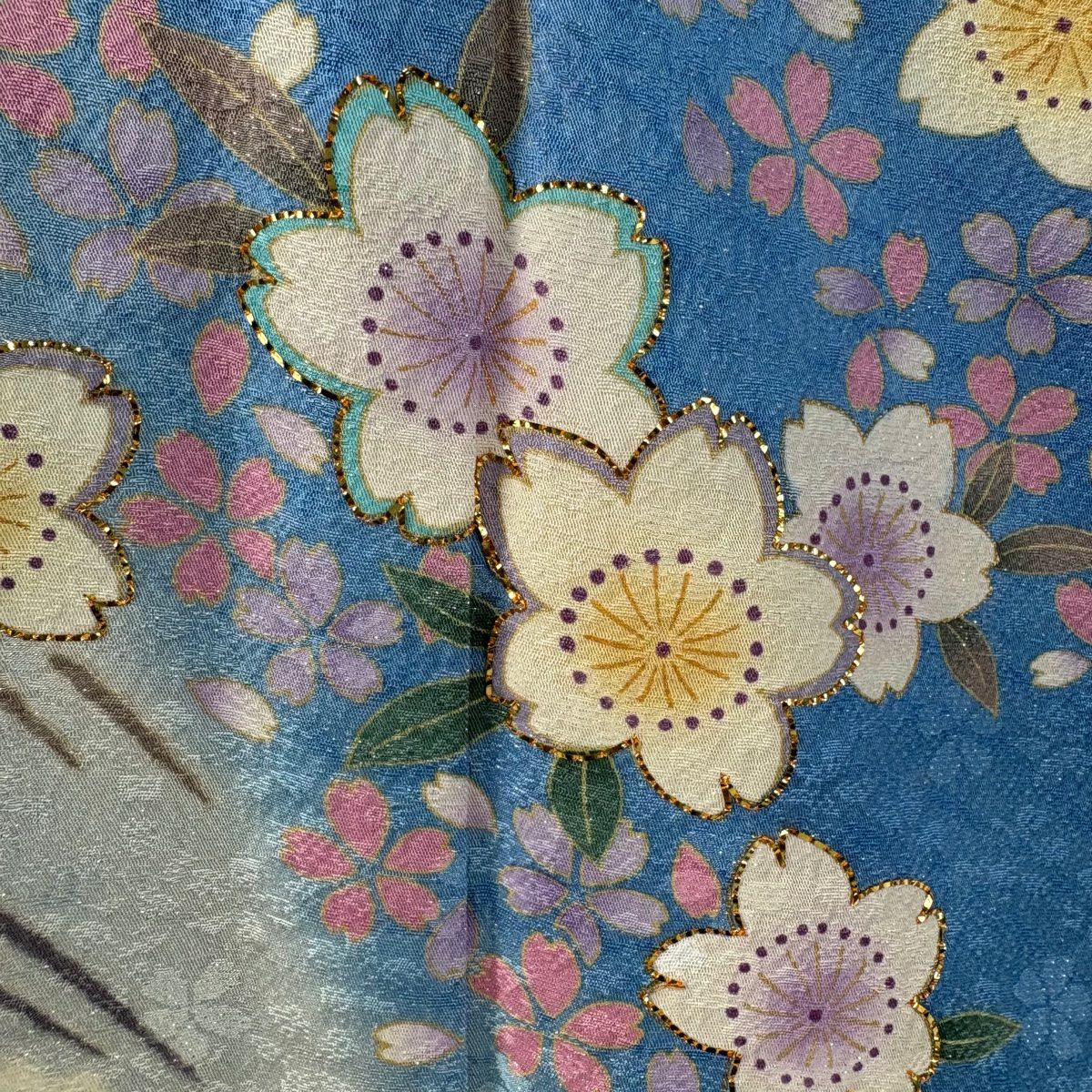 【美品】振袖禮服 身長175cm 袖長70.5cm L 雙層櫻花波金銀彩金金箔水色純蠶絲逸品級