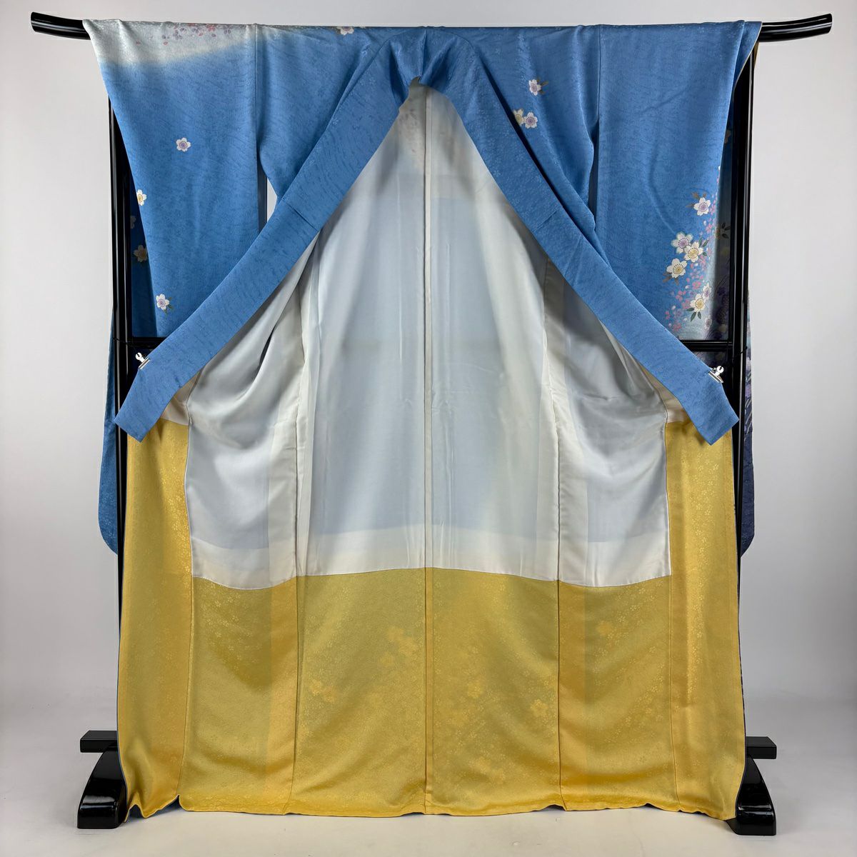 【美品】振袖禮服 身長175cm 袖長70.5cm L 雙層櫻花波金銀彩金金箔水色純蠶絲逸品級