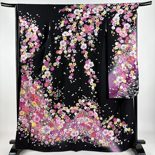 【美品】振袖禮服 身長168cm 袖長64cm M 雙層 牡丹 櫻花 刺繡 金銀彩 黑 純蠶絲 逸品級
