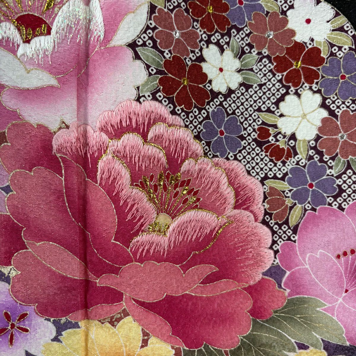 【美品】振袖禮服 身長168cm 袖長64cm M 雙層 牡丹 櫻花 刺繡 金銀彩 黑 純蠶絲 逸品級