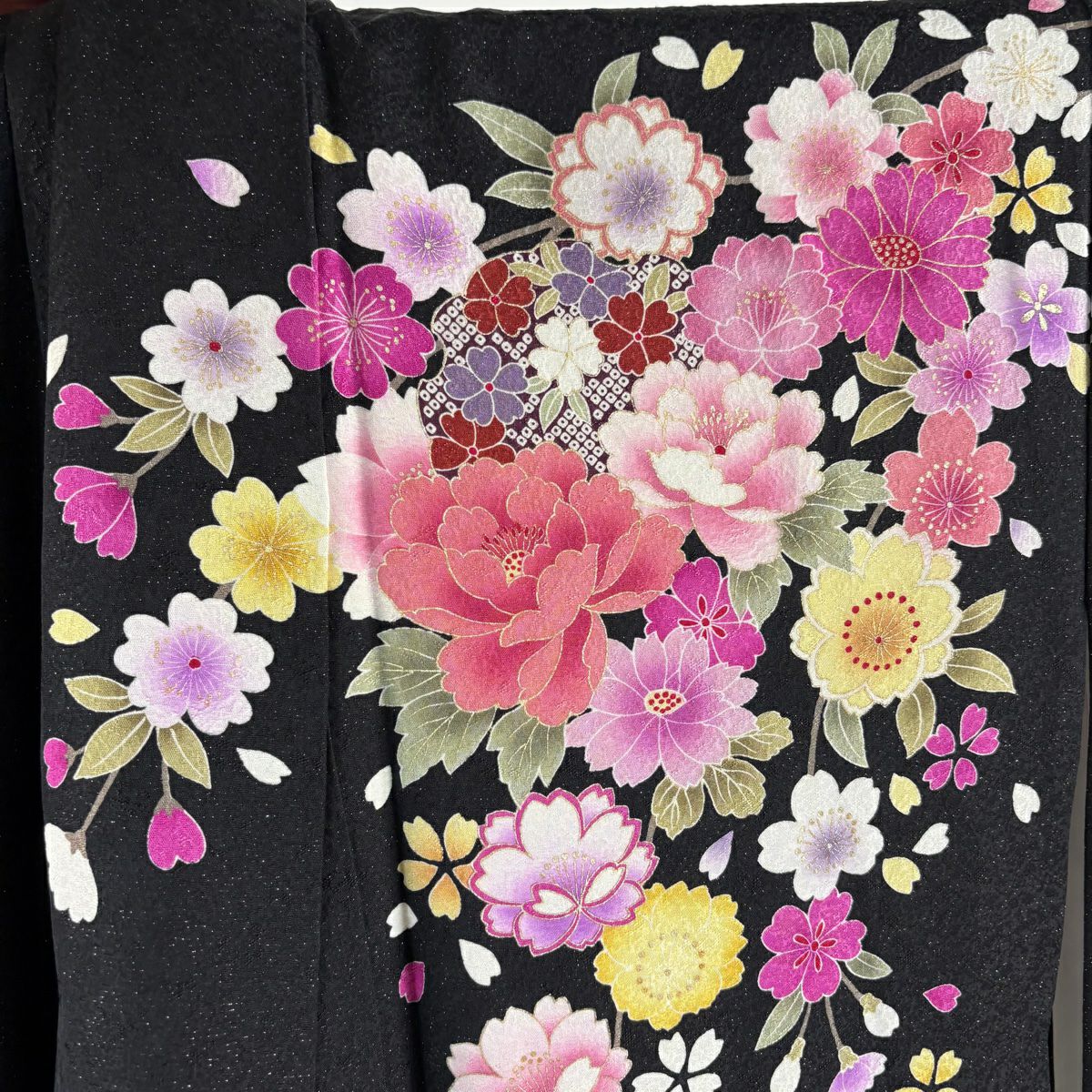 【美品】振袖禮服 身長168cm 袖長64cm M 雙層 牡丹 櫻花 刺繡 金銀彩 黑 純蠶絲 逸品級
