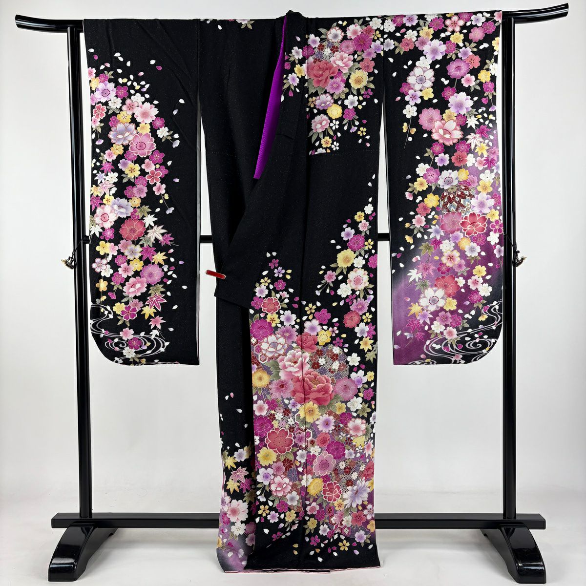 【美品】振袖禮服 身長168cm 袖長64cm M 雙層 牡丹 櫻花 刺繡 金銀彩 黑 純蠶絲 逸品級