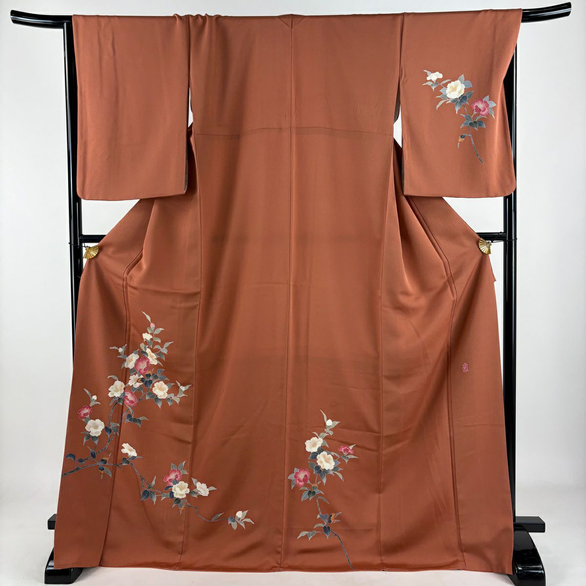 【美品】 付下 身長171cm 袖長67cm M 雙層 南克治 落款あり 椿 紅茶 純蠶絲 逸品級