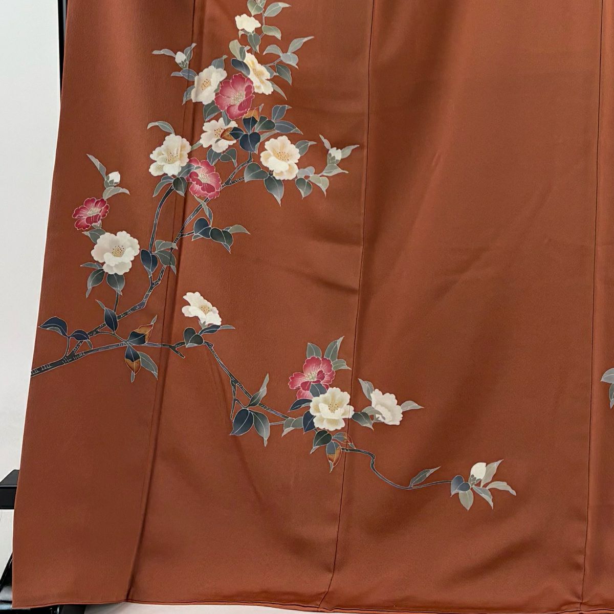 【美品】 付下 身長171cm 袖長67cm M 雙層 南克治 落款あり 椿 紅茶 純蠶絲 逸品級