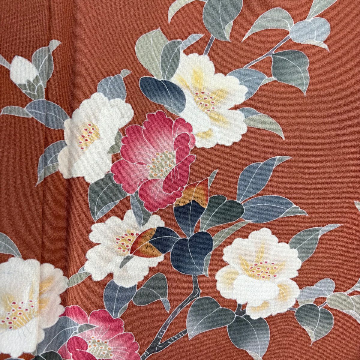 【美品】 付下 身長171cm 袖長67cm M 雙層 南克治 落款あり 椿 紅茶 純蠶絲 逸品級