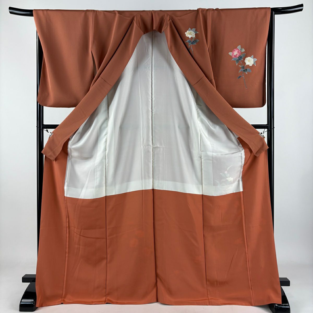 【美品】 付下 身長171cm 袖長67cm M 雙層 南克治 落款あり 椿 紅茶 純蠶絲 逸品級