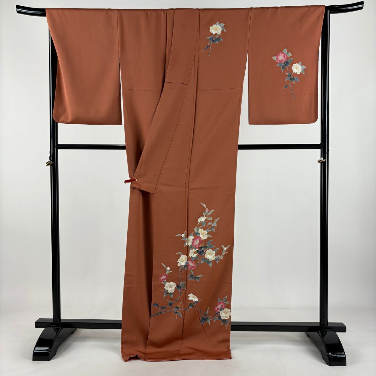 【美品】 付下 身長171cm 袖長67cm M 雙層 南克治 落款あり 椿 紅茶 純蠶絲 逸品級