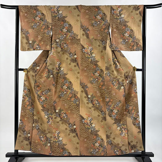 【美品】 小紋 身長156.5cm 袖長63cm S 雙層 樱花 波 金銀彩 縮緬 山吹茶 純蠶絲 秀品級
