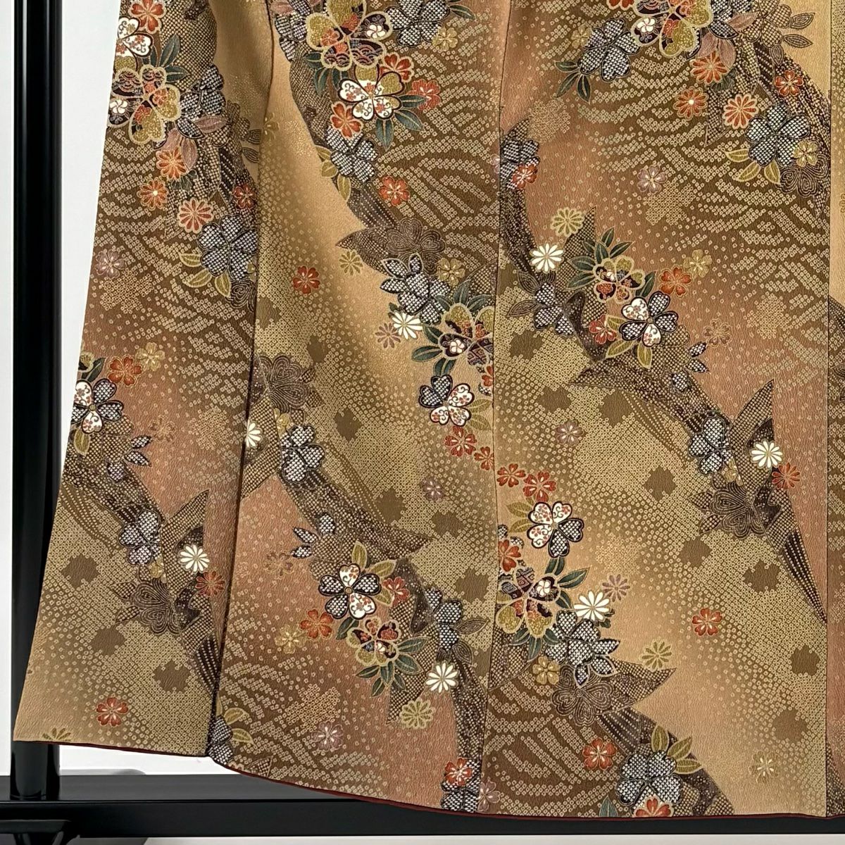 【美品】 小紋 身長156.5cm 袖長63cm S 雙層 樱花 波 金銀彩 縮緬 山吹茶 純蠶絲 秀品級