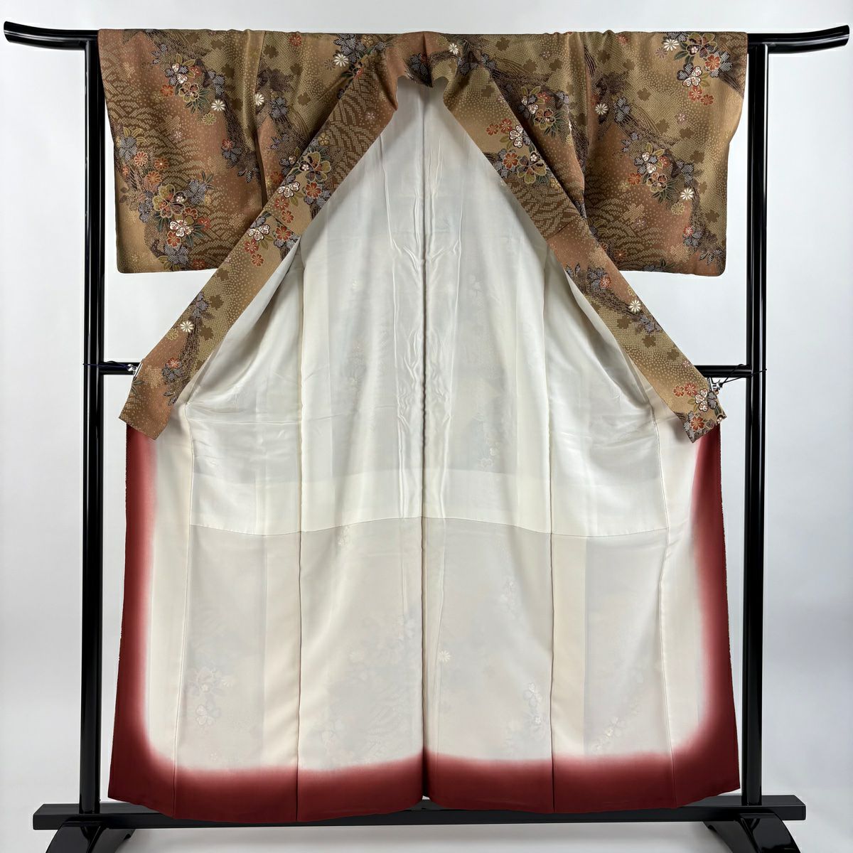 【美品】 小紋 身長156.5cm 袖長63cm S 雙層 樱花 波 金銀彩 縮緬 山吹茶 純蠶絲 秀品級
