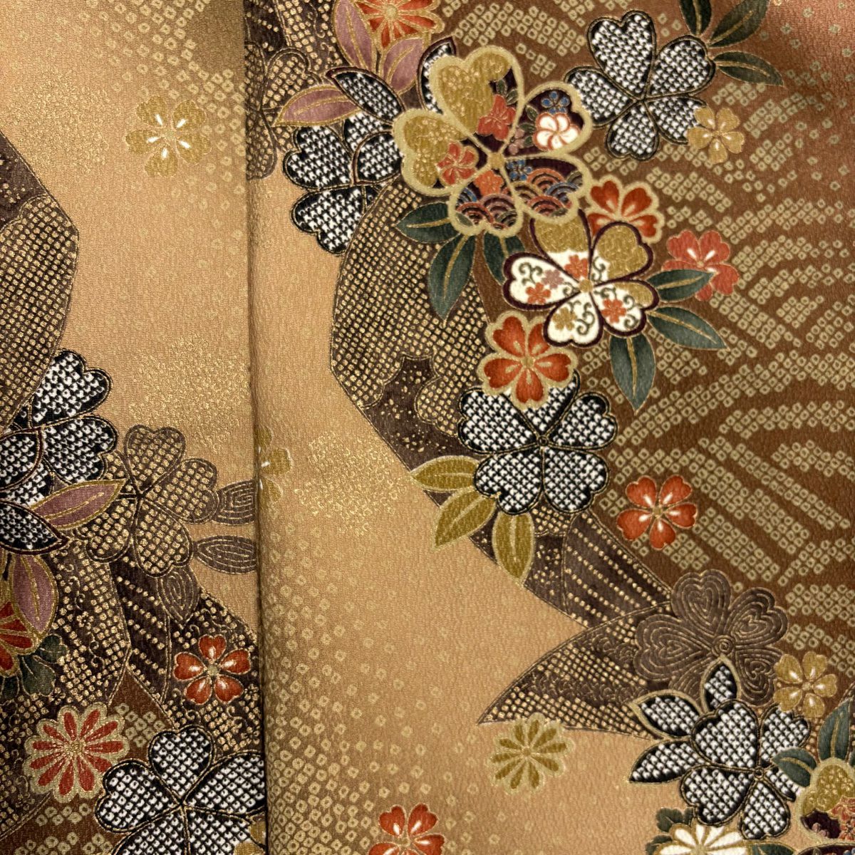 【美品】 小紋 身長156.5cm 袖長63cm S 雙層 樱花 波 金銀彩 縮緬 山吹茶 純蠶絲 秀品級