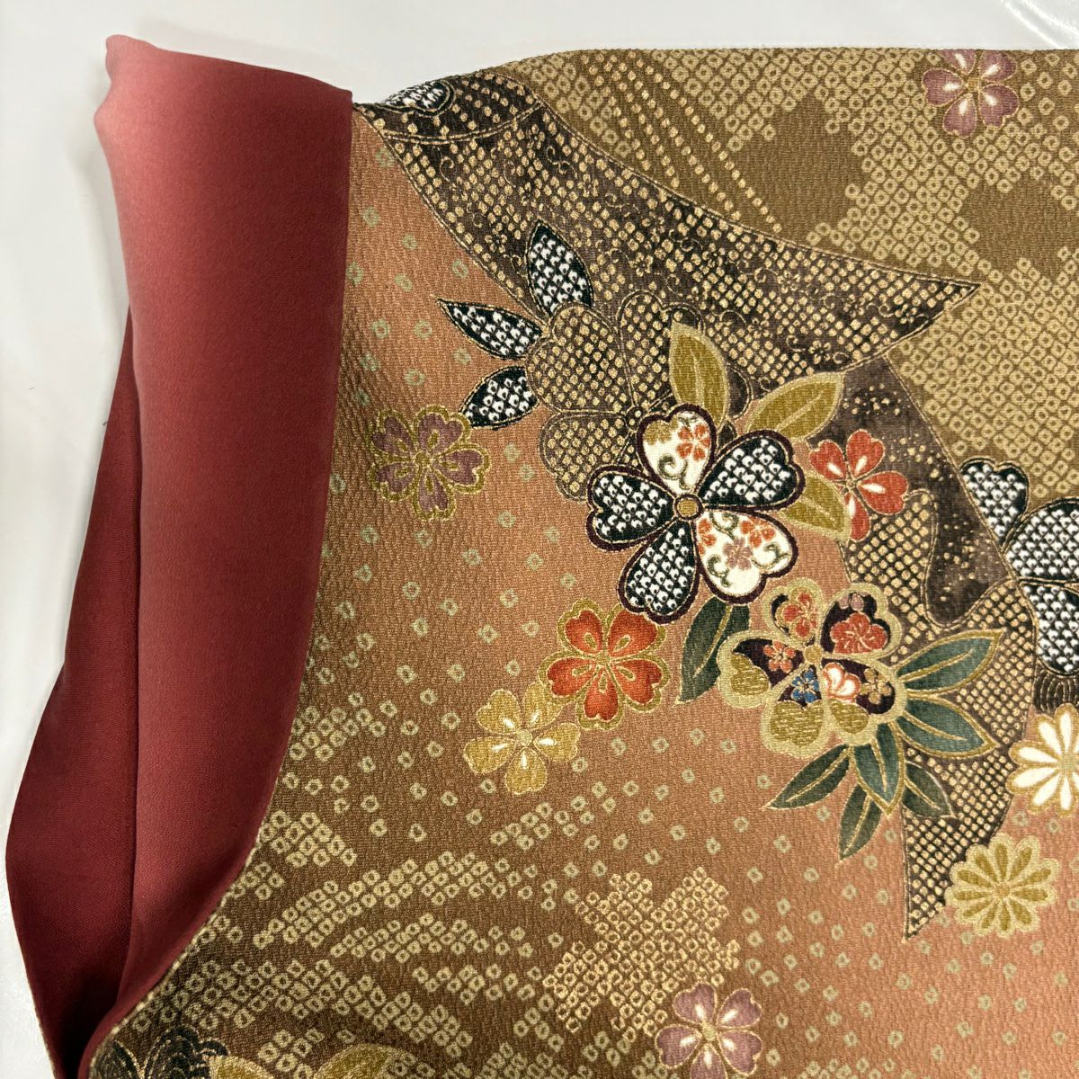 【美品】 小紋 身長156.5cm 袖長63cm S 雙層 樱花 波 金銀彩 縮緬 山吹茶 純蠶絲 秀品級