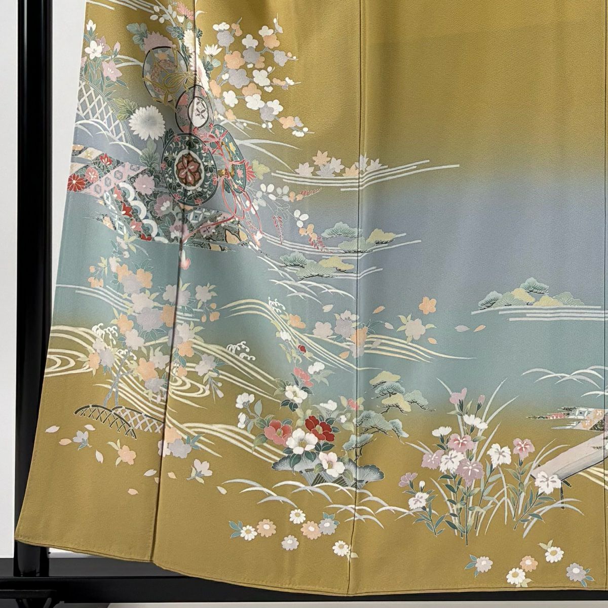 訪問服 身長156cm 袖長63cm S 雙層 落款有 鼓 波 金銀彩 漸層 芥末色 純蠶絲 優品級