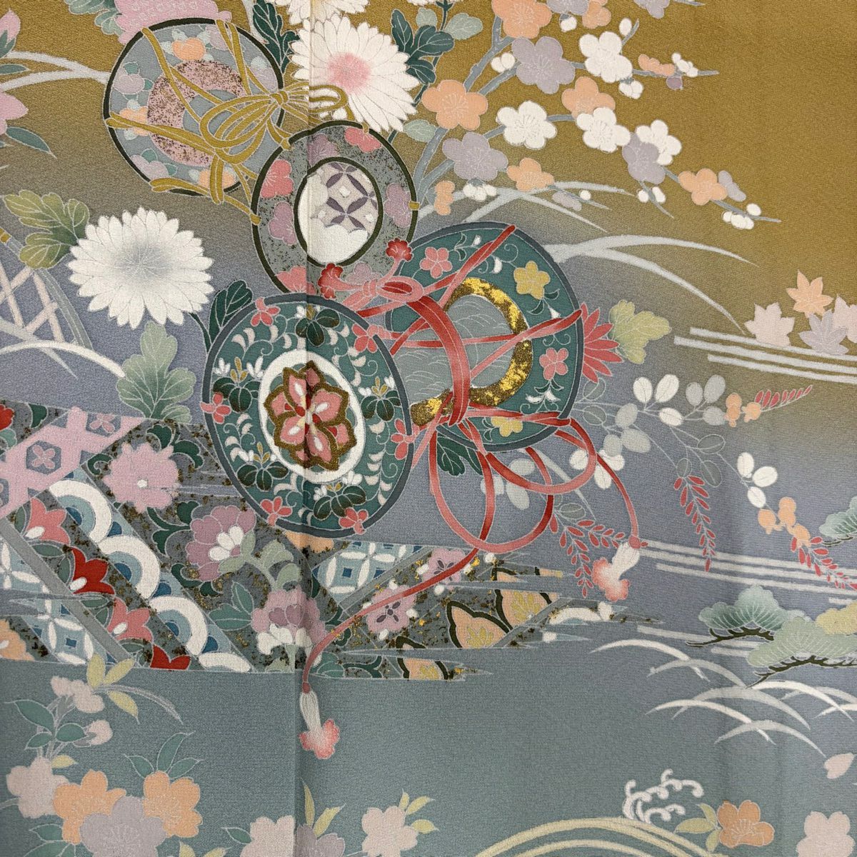 訪問服 身長156cm 袖長63cm S 雙層 落款有 鼓 波 金銀彩 漸層 芥末色 純蠶絲 優品級