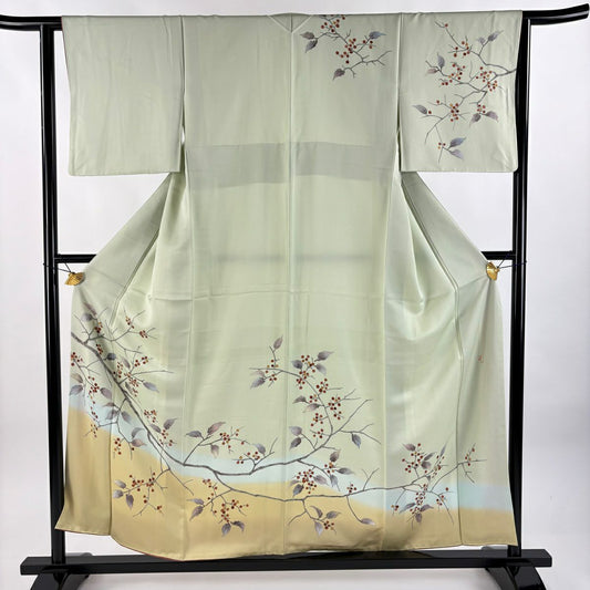 訪問服 身長156cm 袖長62.5cm S 雙層 落款あり 葉與實 染分 逐漸變化 淺綠 純蠶絲 優品級