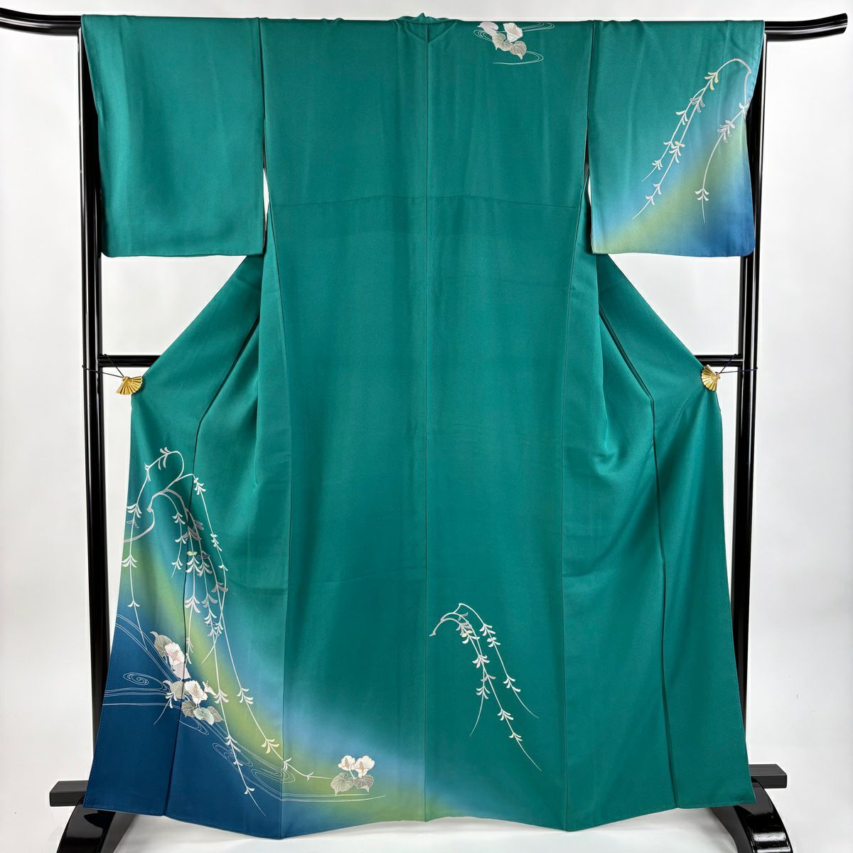 付下 身長164cm 袖長66.5cm M 雙層 水芭蕉 流水 金銀彩 漸層 綠 純蠶絲 優品級