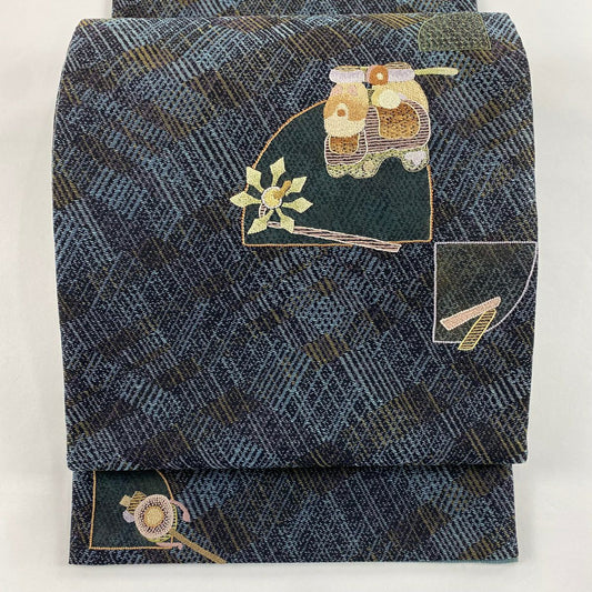 【庫存清倉】 【美品】 袋帶 名品級 玩具 金絲 刺繡 青灰 深藍色 正蠶絲