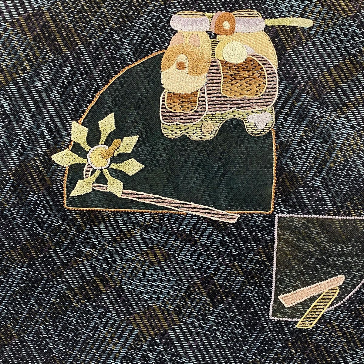 【庫存清倉】 【美品】 袋帶 名品級 玩具 金絲 刺繡 青灰 深藍色 正蠶絲