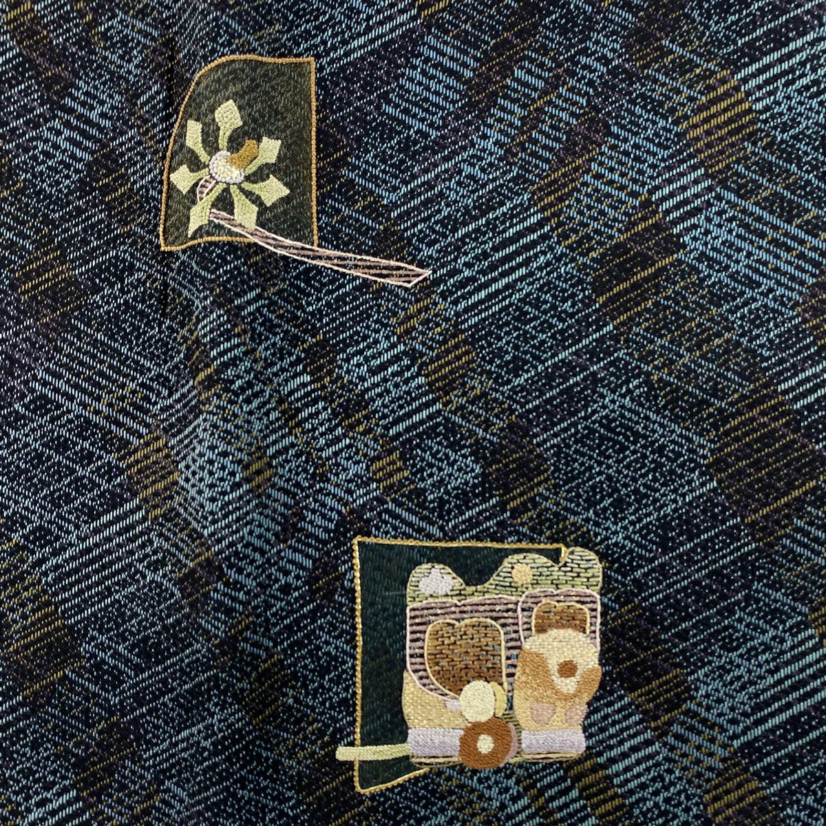 【庫存清倉】 【美品】 袋帶 名品級 玩具 金絲 刺繡 青灰 深藍色 正蠶絲