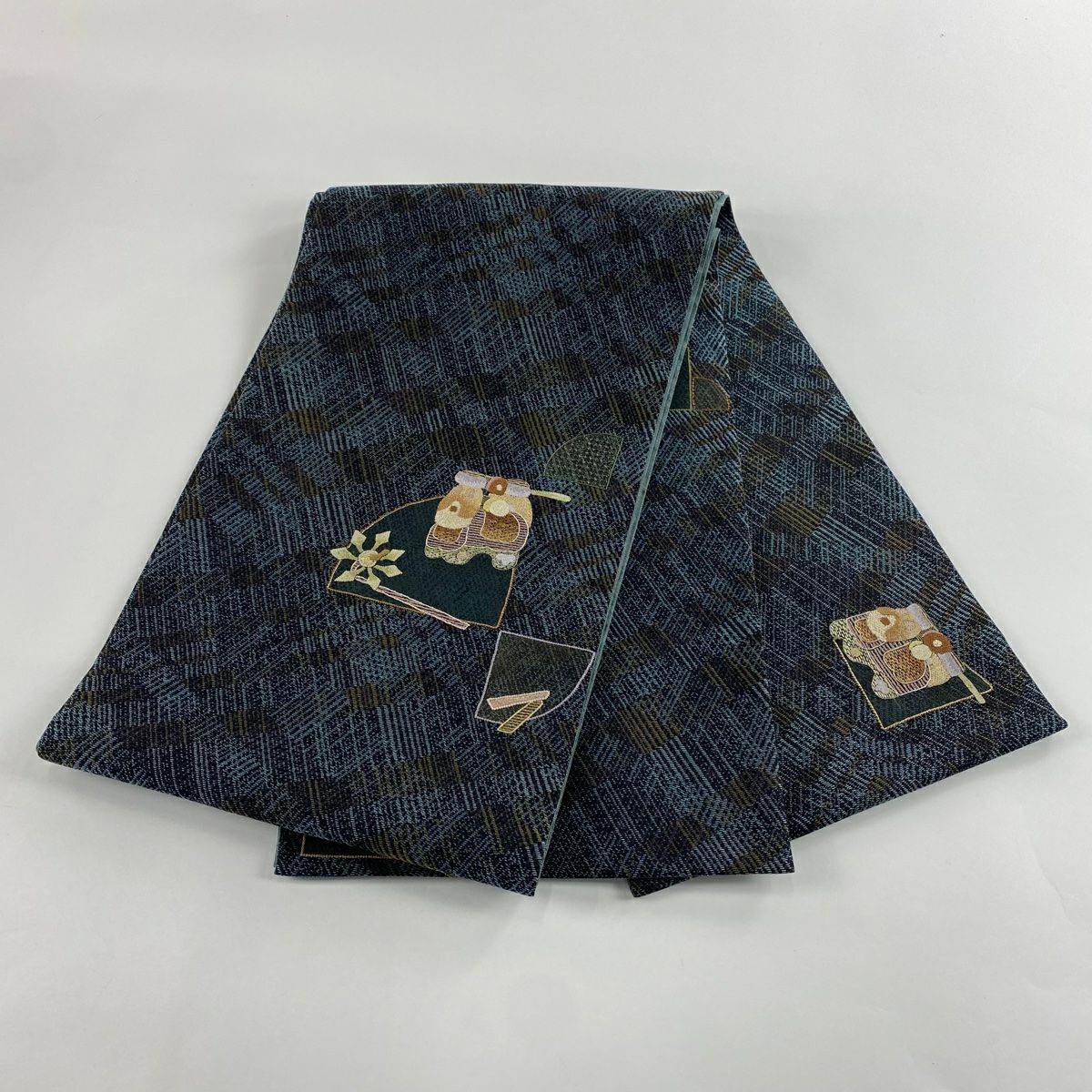 【庫存清倉】 【美品】 袋帶 名品級 玩具 金絲 刺繡 青灰 深藍色 正蠶絲